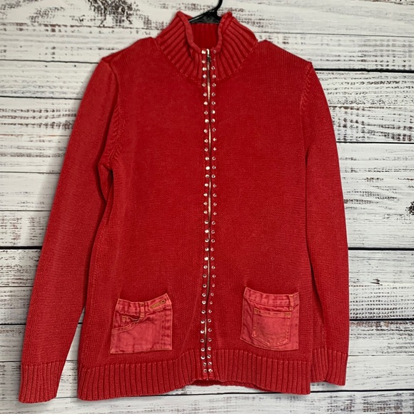 Quacker Factory Sweaters - QUACKER FACTORY Red Zip Front Sweater With Bling